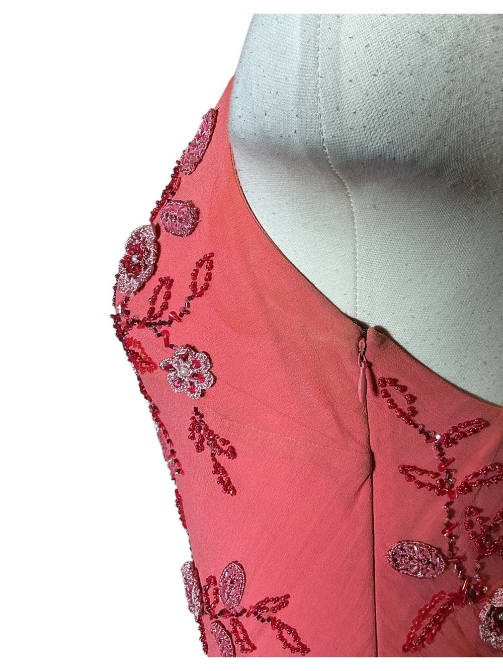 Y2K Sue Wong Silk Crochet Beaded Applique Handkerchief Pink Midi Dress Size 6 - Picture 5 of 8